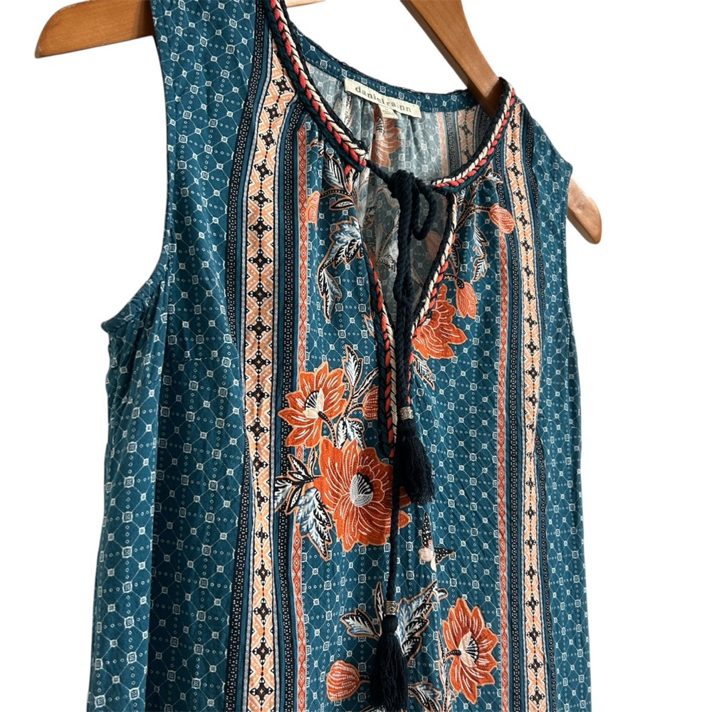 Daniel Rainn Blue & Orange Floral Camisole Shell, Boho Tasseled Tank Top, Medium - Picture 2 of 8